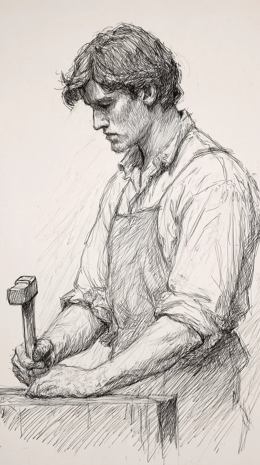 A slim nineteen-year-old, a smith's apprentice, tousled dark hair singed by sparks, forearms harder than the rest of his frame, a leather apron, gripping a hammer over an anvil.