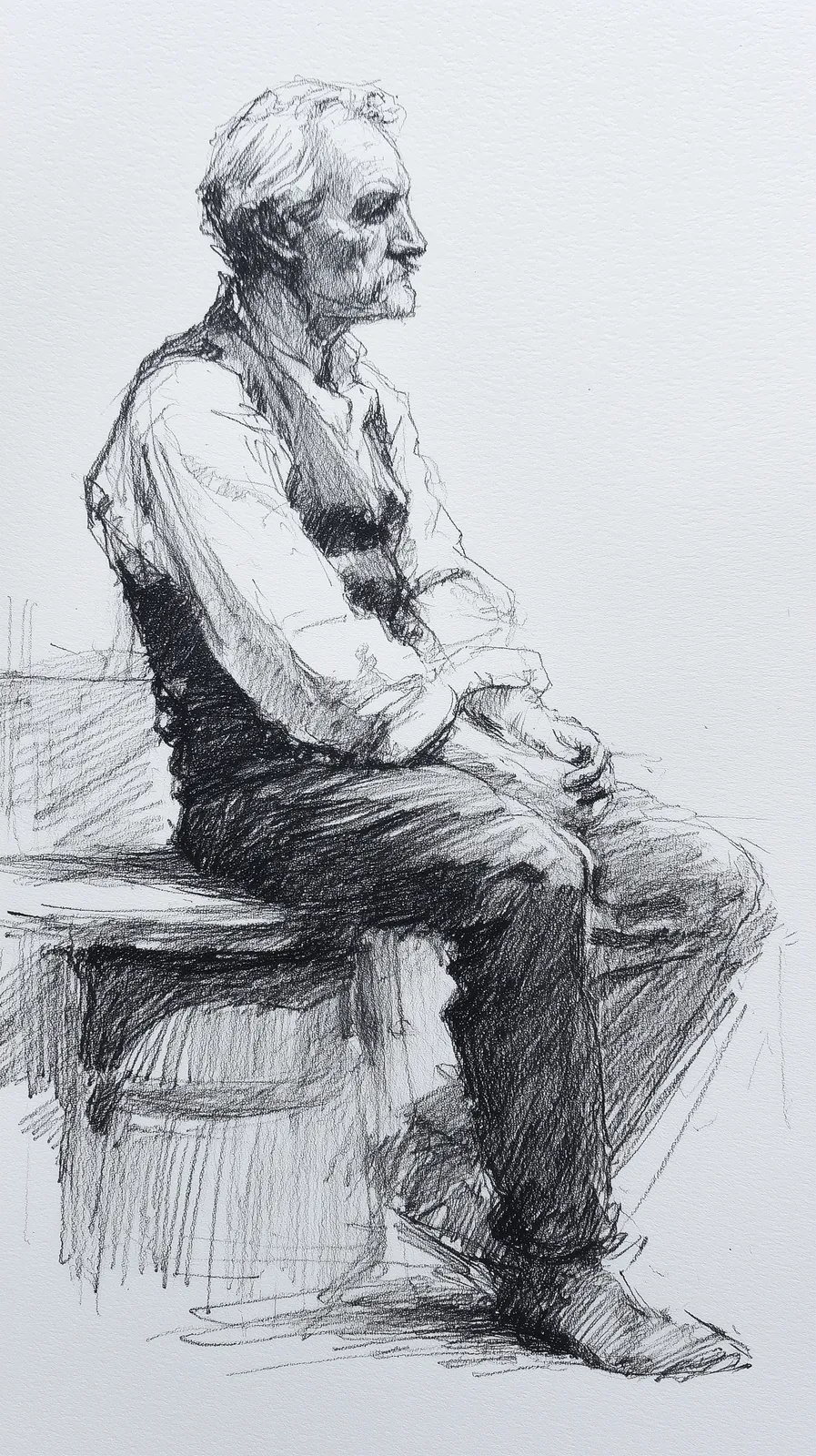 An old master smith of about sixty, heavy work-worn hands, ailing and stooped, sits on a low stool in the corner of the forge; tired but dignified.