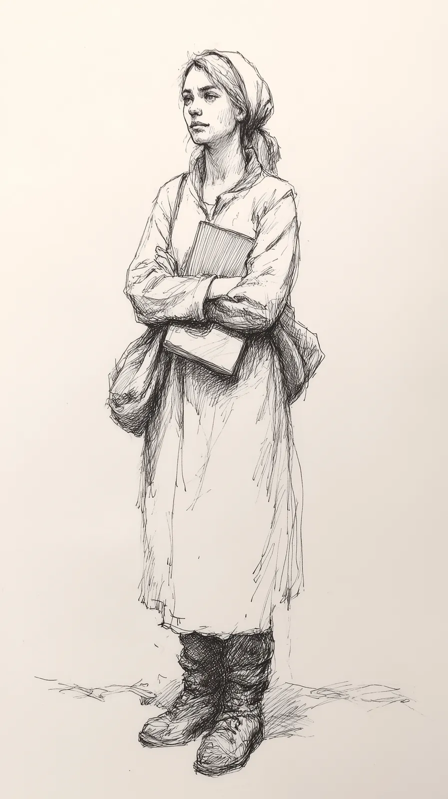 A slim seventeen-year-old in three-quarter turn, alert eyes, a fading, calculating half-smile, arms loosely crossed, a worn little book half-hidden under one arm, strong, well-made winter boots laced tight.