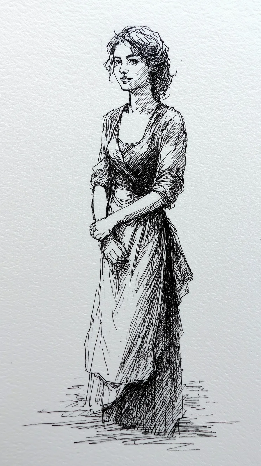 A young woman with the calm, composed bearing of a well-off house, dark hair swept back with the back of a raised hand, a plain, good woollen dress with a modest shawl pinned at the shoulder; polite, restrained warmth.
