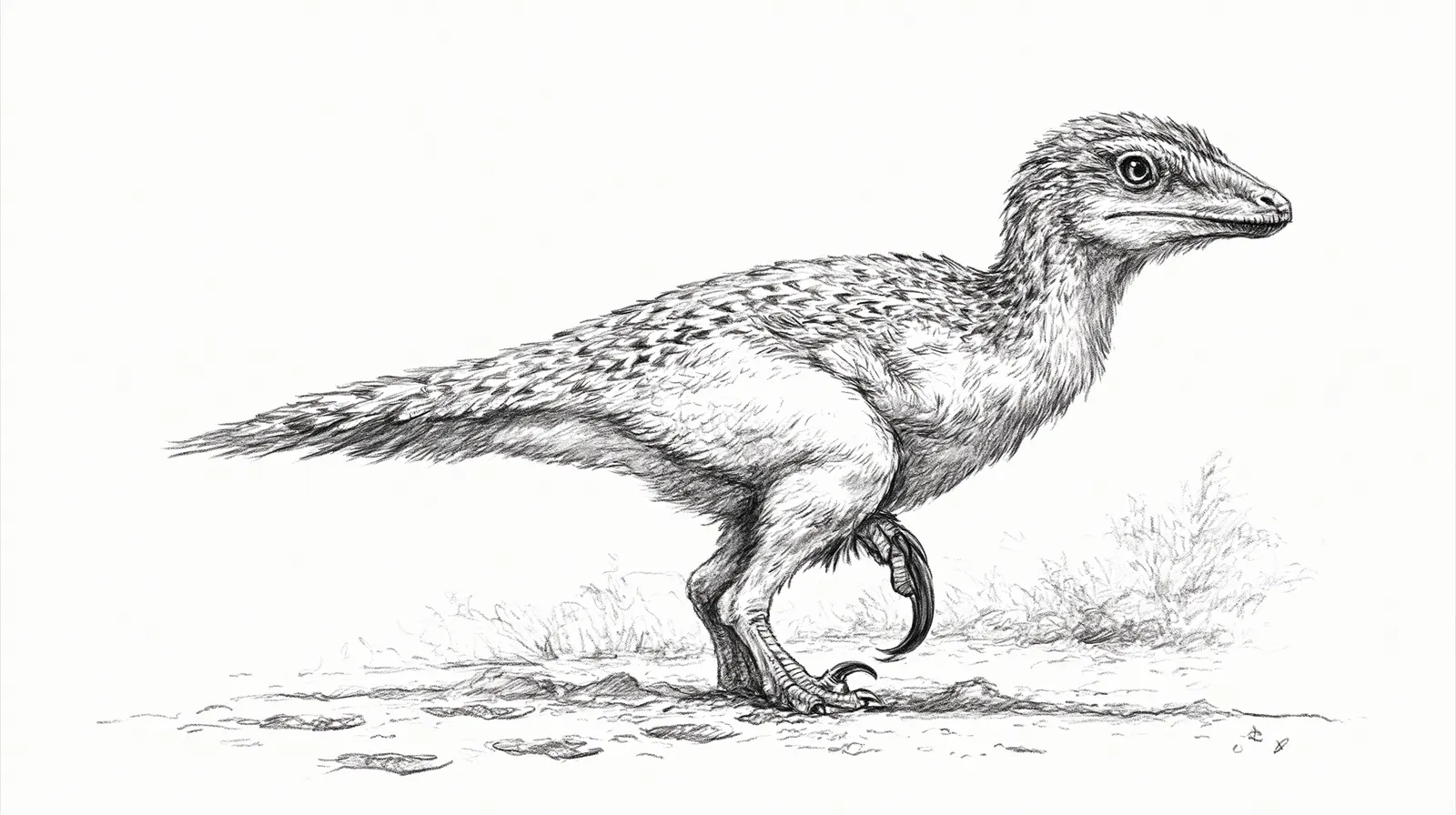 Two feathered predators emerge from a blizzard — full focus only on a raised, sickle-shaped claw and a dispassionate eye; the rest of the shapes blur into the snow.